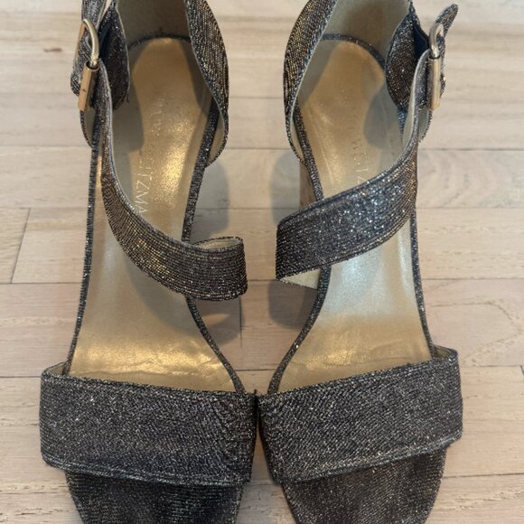 Stuart Weitzman Silver Glitter Cork Wedge Sandals - Picture 1 of 6